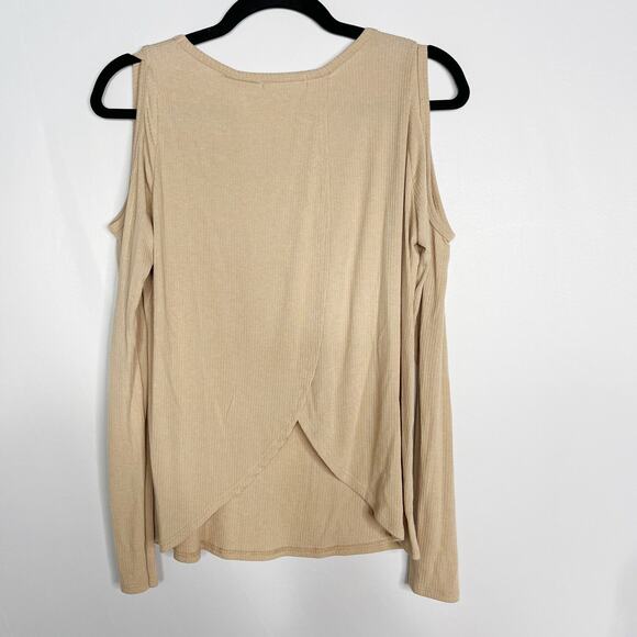 New Cherish Large L Taupe Peach Open Back Cold Shoulder Long Sleeve Tee Tshirt - Picture 2 of 9
